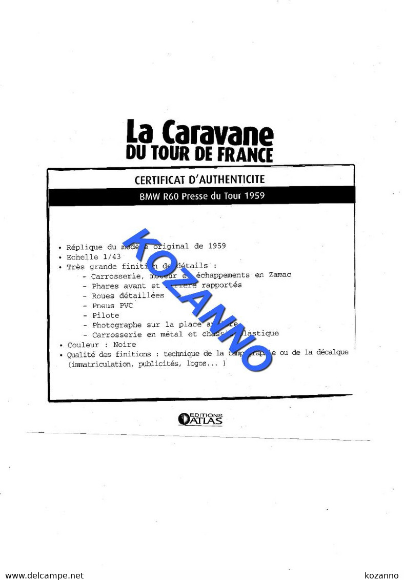 LA CARAVANE DU TOUR DE FRANCE - CERTIFICAT D'AUTHENTICITE: BMW R60 PRESSE 1959 (359) - Catalogues & Prospectus