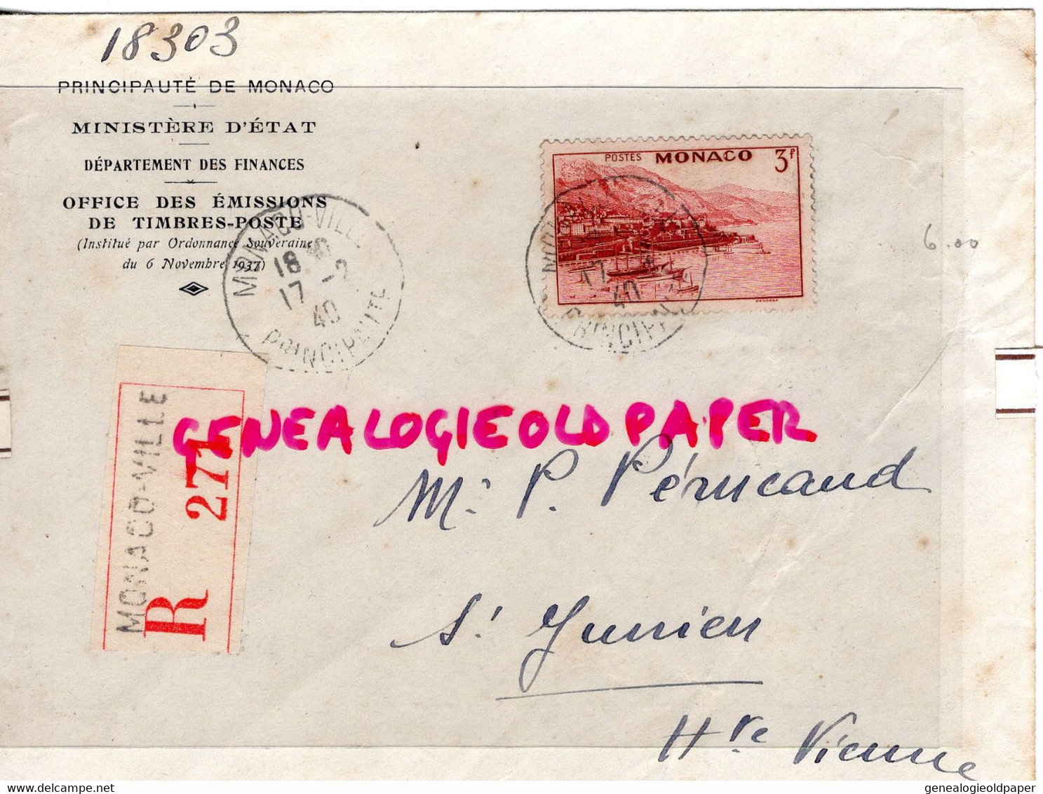 MARCOPHILIE TIMBRE MONACO 3 F- MINISTERE ETAT FINANCES-OFFICE EMISSIONS TIMBRES POSTES-1940-PERUCAUD SAINT JUNIEN - Postmarks