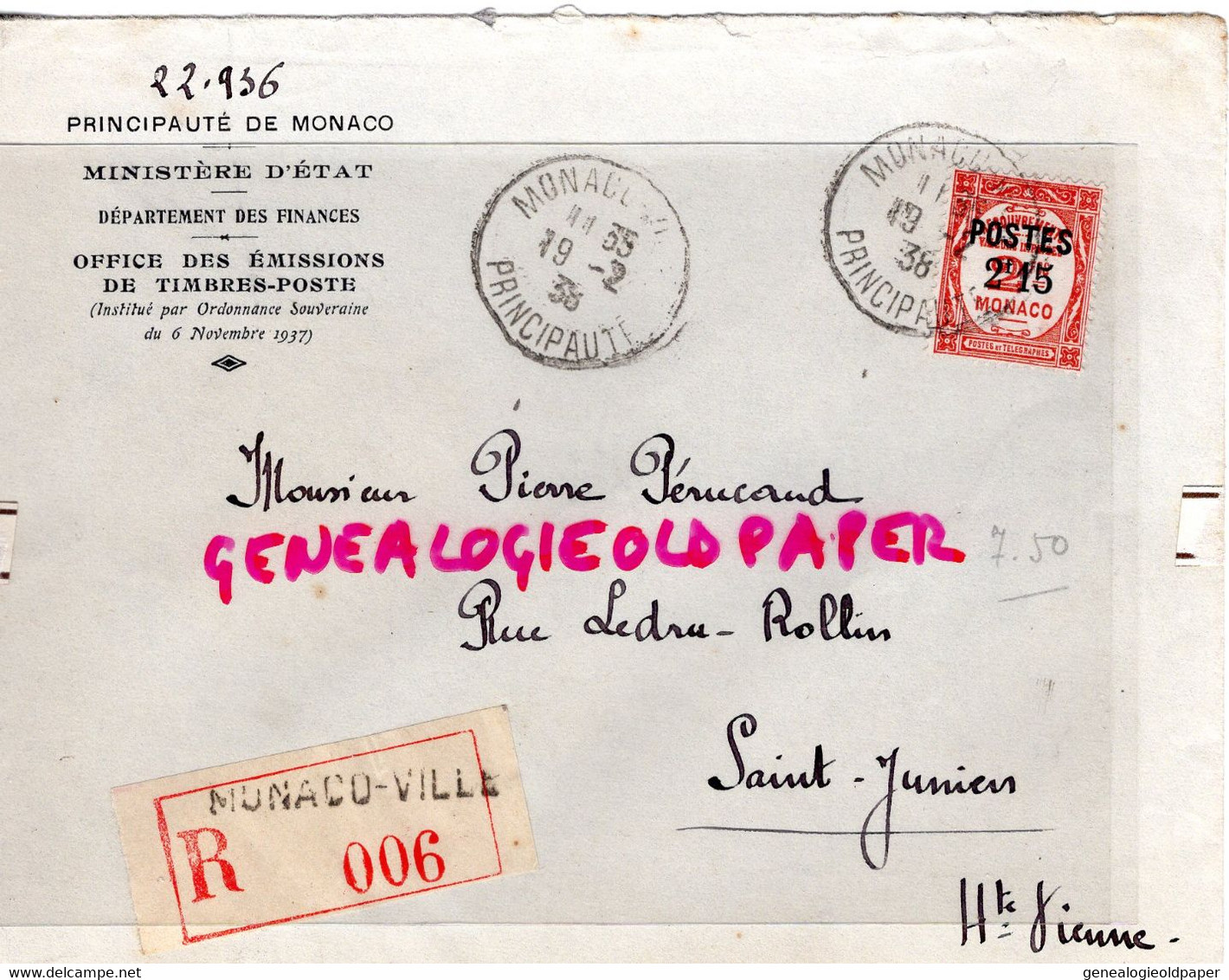 MARCOPHILIE TIMBRE MONACO 2 F 15- MINISTERE ETAT FINANCES-OFFICE EMISSIONS TIMBRES POSTES-1938-PERUCAUD SAINT JUNIEN - Postmarks