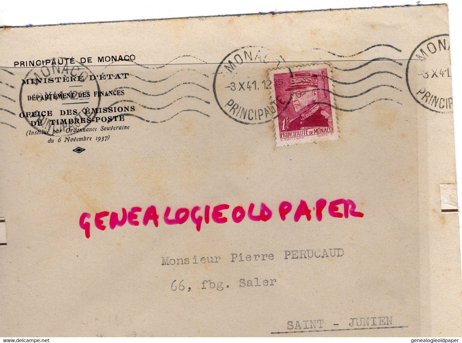 MARCOPHILIE TIMBRE MONACO 1 F- MINISTERE ETAT FINANCES-OFFICE EMISSIONS TIMBRES POSTES-1941-PERUCAUD SAINT JUNIEN - Postmarks