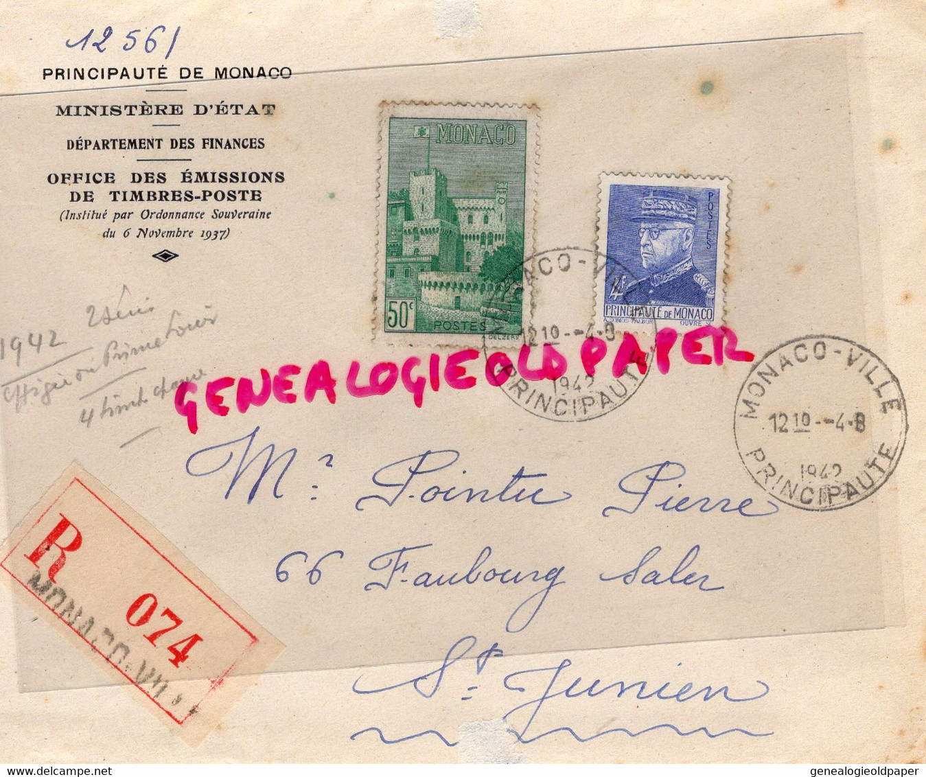 MARCOPHILIE TIMBRE MONACO 50 C-4 F- MINISTERE ETAT FINANCES-OFFICE EMISSIONS TIMBRES POSTES-1942-POINTU  SAINT JUNIEN - Poststempel