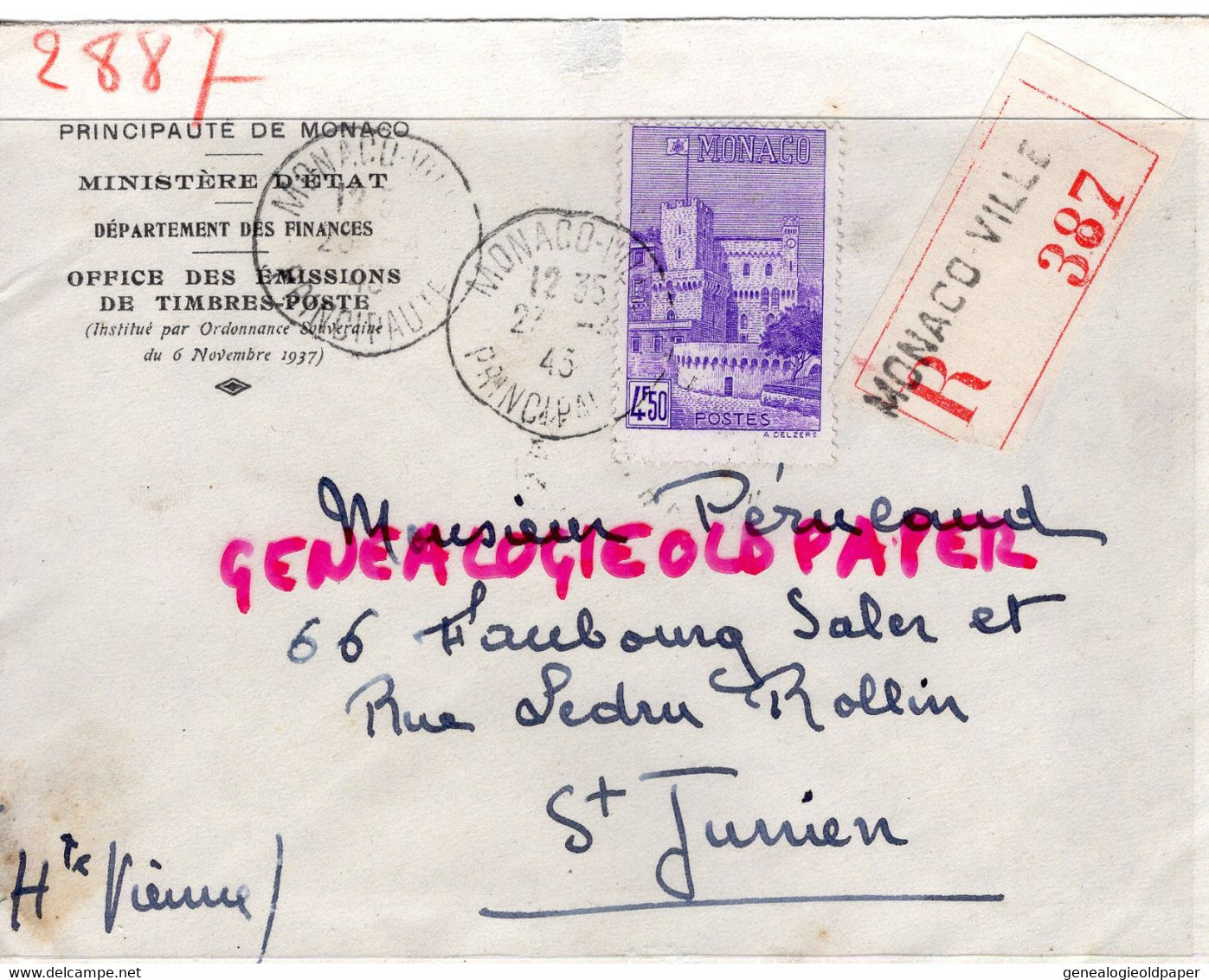 MARCOPHILIE TIMBRE MONACO 4F 50- MINISTERE ETAT FINANCES-OFFICE EMISSIONS TIMBRES POSTES-1943-PERUCAUD  SAINT JUNIEN - Poststempel