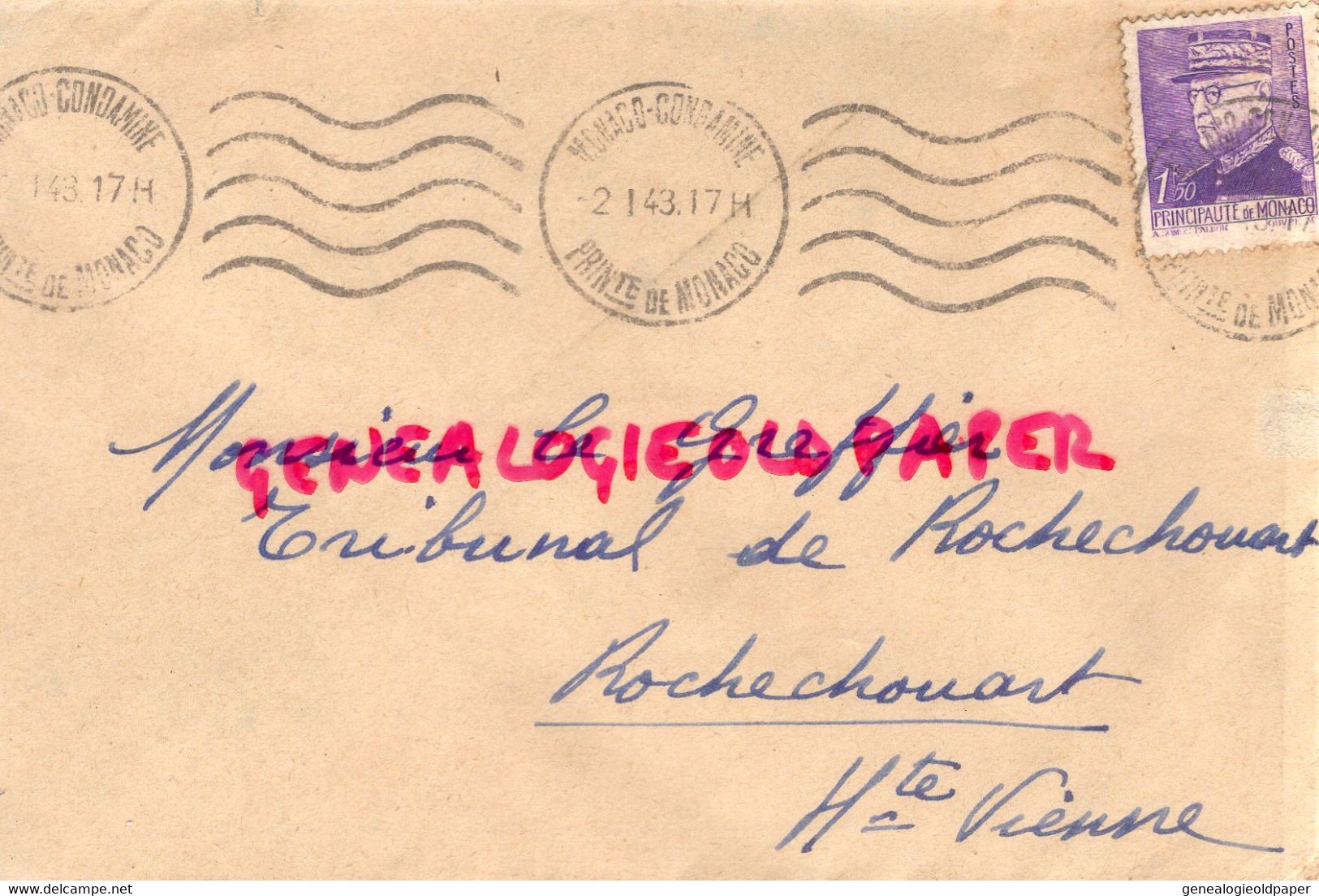 MARCOPHILIE TIMBRE MONACO CONDAMINE 1 F 50- 1943- GREFFIER TRIBUNAL ROCHECHOUART HAUTE VIENNE 87 - Marcophilie