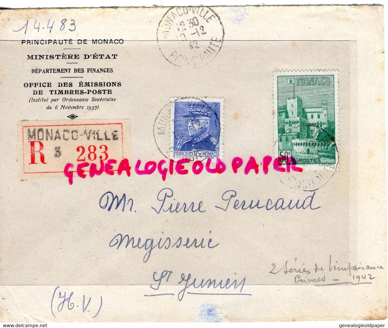 MARCOPHILIE TIMBRE MONACO 50 C- 4 F- PORTE DU PALAIS-MINISTERE ETAT FINANCES- 1942- PERUCAUD MEGISSERIE SAINT JUNIEN - Poststempel