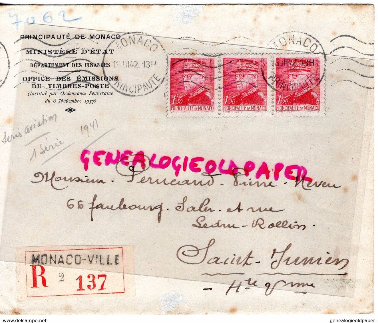 MARCOPHILIE TIMBRE MONACO 3 X 1F 50- PORTE DU PALAIS-MINISTERE ETAT FINANCES- 1942- PERUCAUD MEGISSERIE SAINT JUNIEN - Marcophilie