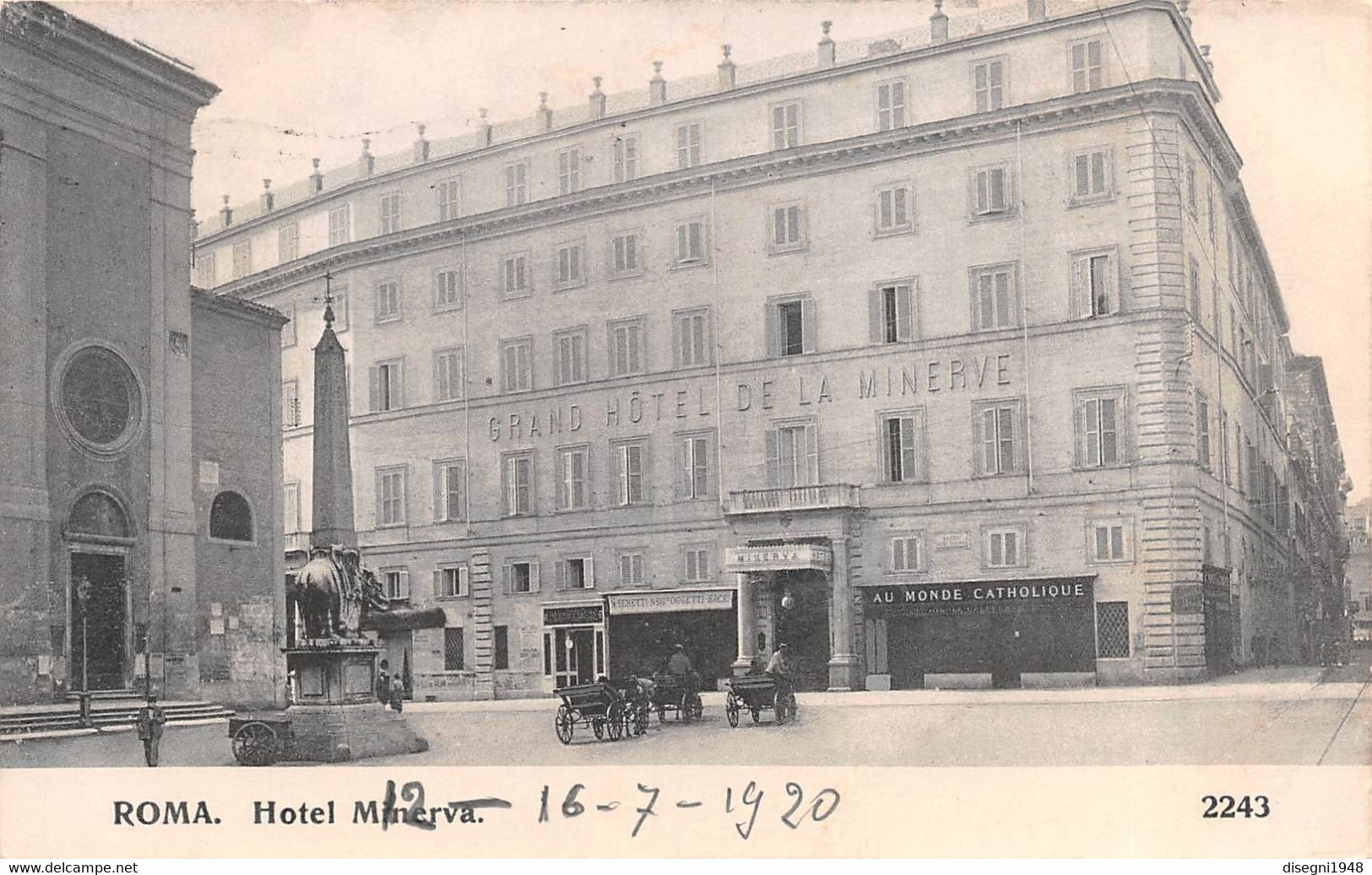 09307 "ROMA - HOTEL MINERVA" ANIMATA, CART. ILL. ORIG. SPED. 1920 - Bars, Hotels & Restaurants