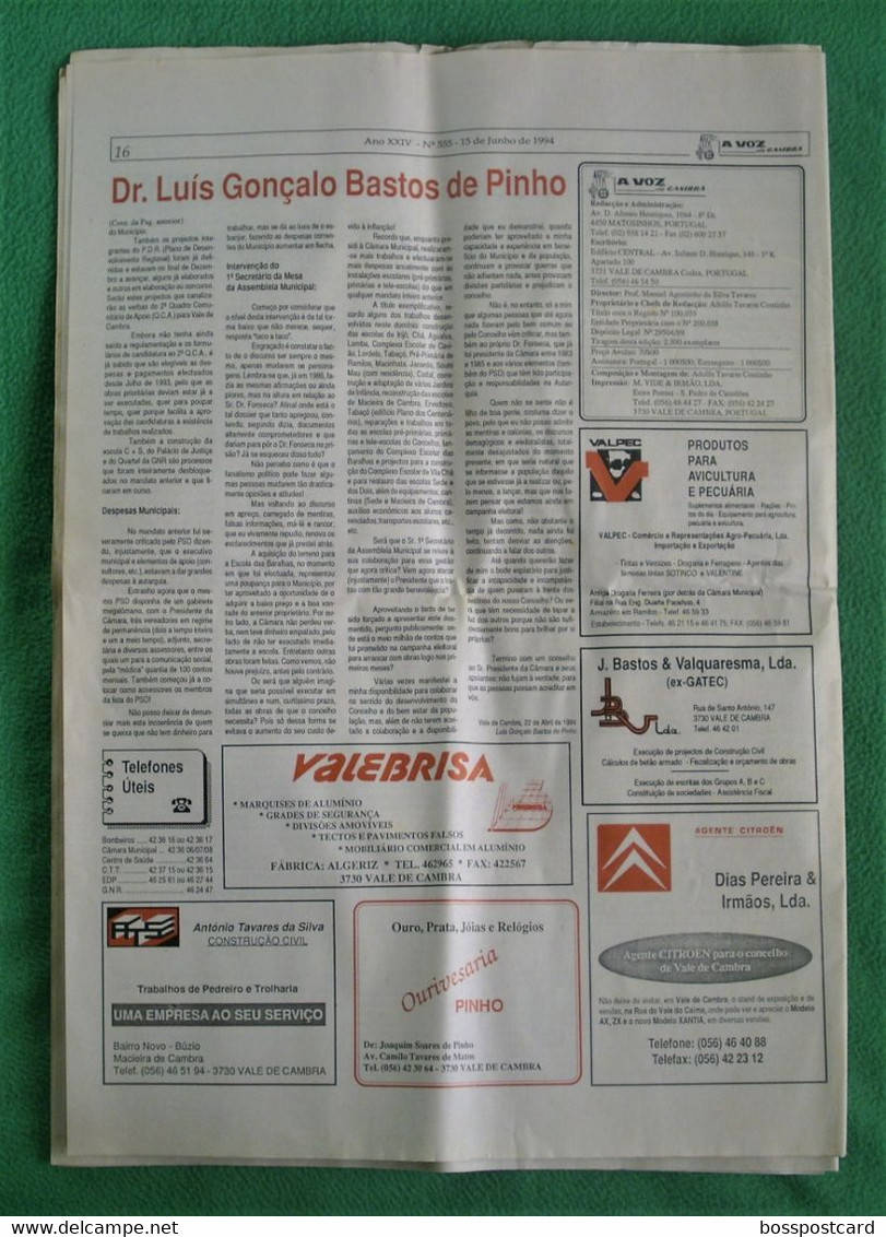 Vale de Cambra - Jornal A Voz de Cambra Nº 555, 15 de Junho de 1994. Aveiro. Portugal.