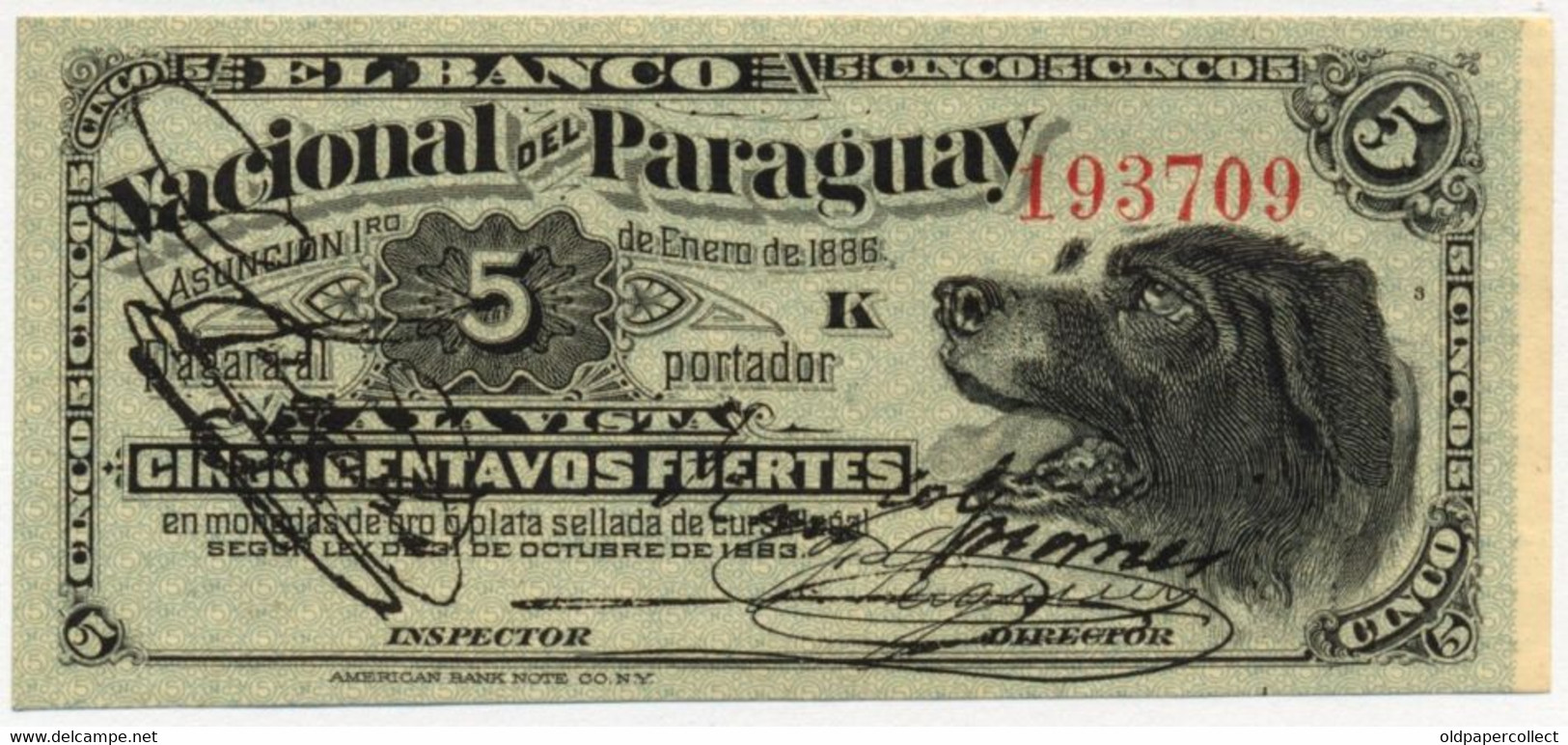 PARAGUAY 5 CENTAVOS Pick-S141 Fauna Animals Dog Chien Hund 1886 UNC - Canada