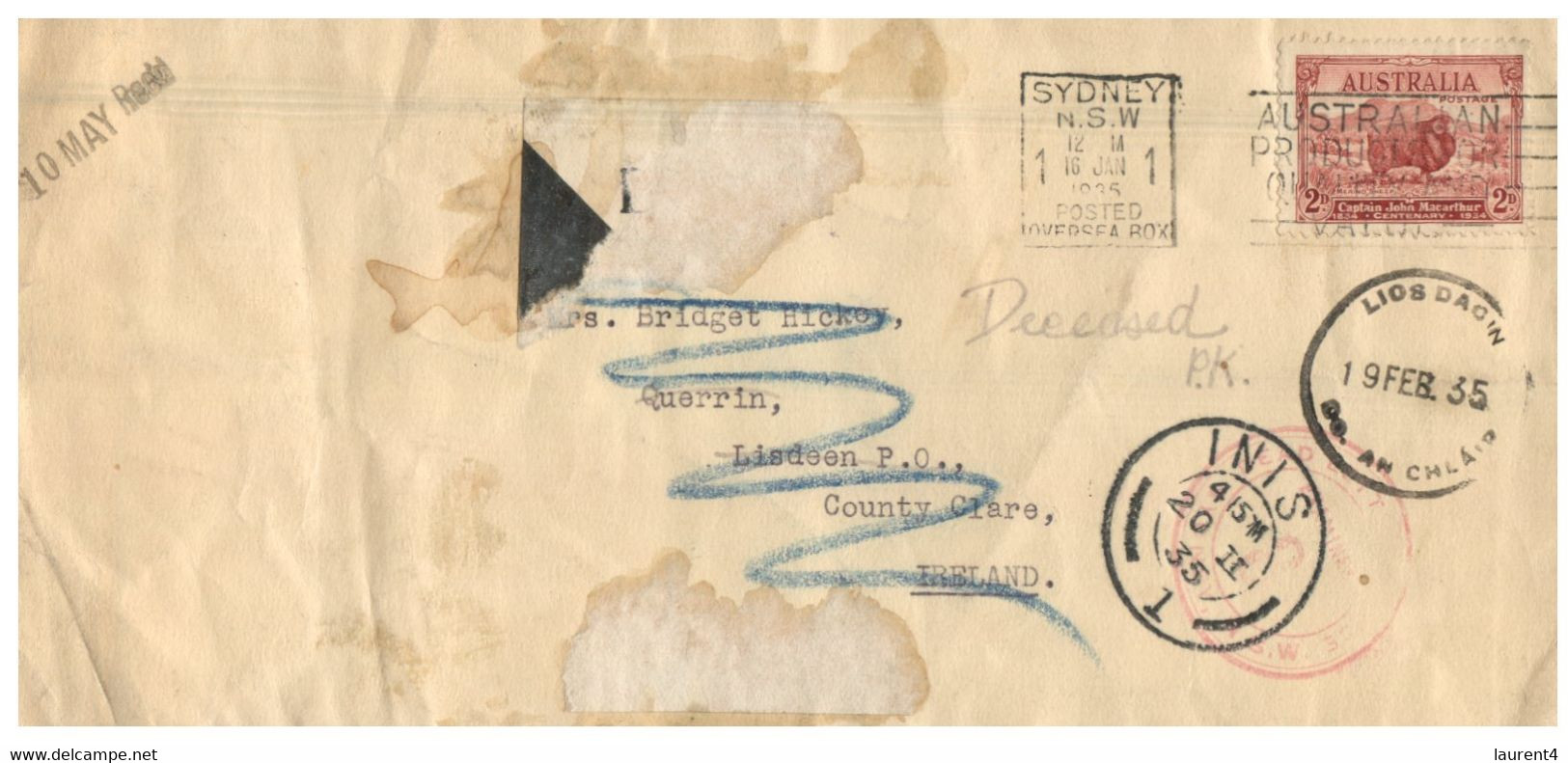 (S 9) 1935 -  Letter Posted From Australia (Sydney) To Ireland (returned - Reason Décéder = Dead) - Andere & Zonder Classificatie