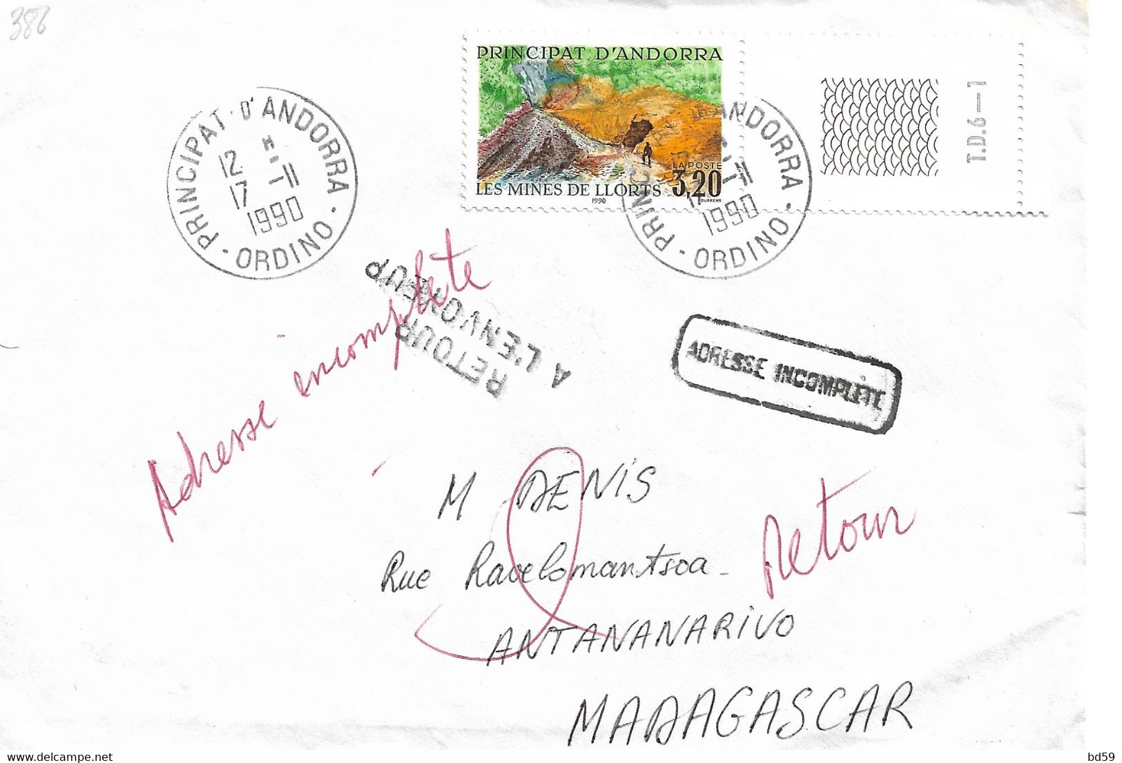 Timbres Sur Lettres 1990 N°386 Mines De Llorts Ordino Pour Madagascar Cote 7,50€ - Storia Postale