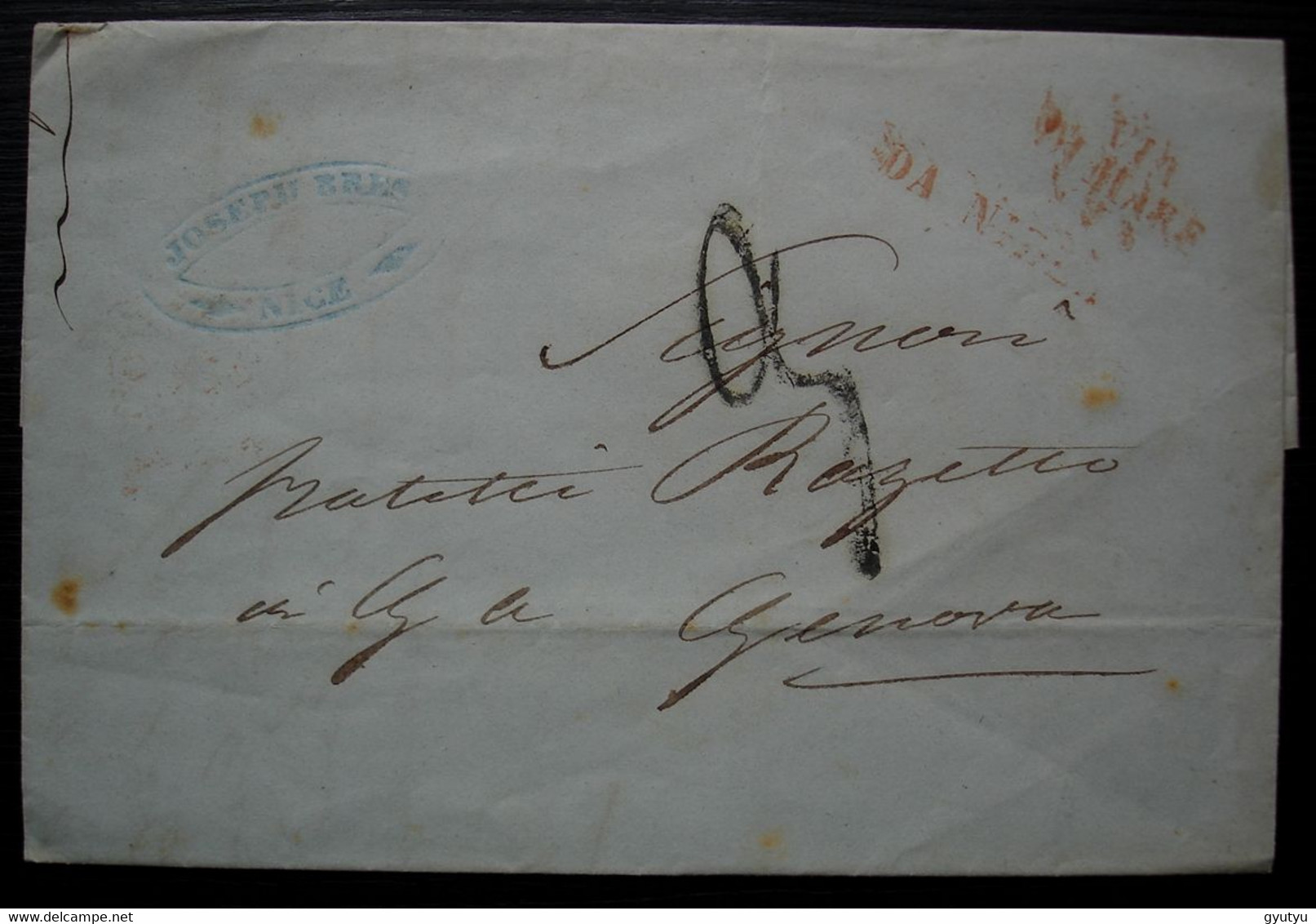 Nice 1859 Joseph Bres , Marque Via Di Mare Da Nizza, Lettre Pour Genova (Gènes) - 1849-1876: Periodo Classico