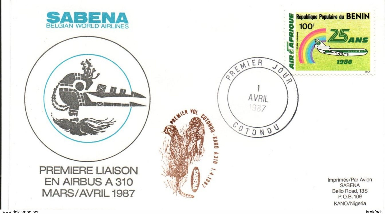 Cotonou Kano 1987 - Inaugural Flight 1er Vol Erstflug Primo Volo -  SABENA Airbus A 310 - Bénin Nigeria - Guépard - Benin – Dahomey (1960-...)