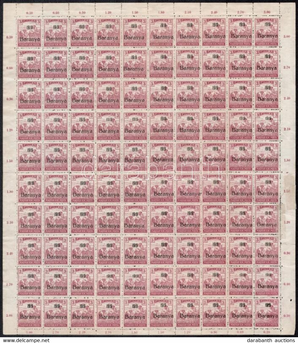 (*) Baranya I. 1919 Arató 3f Hajtott 100-as ív, Antikva Számokkal (30.000) / Mi 55 Folded Complete Sheet. Signed: Bodor - Other & Unclassified