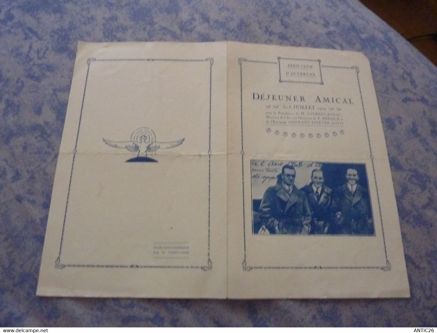 MENUE AERO-CLUB D'AUVERGNE DEJEUNER AMICAL 8 JUILLET 1929 HONNEUR A L'EQUIPAGE ASSOLANT-LEFEVRE LOTTI - Menu