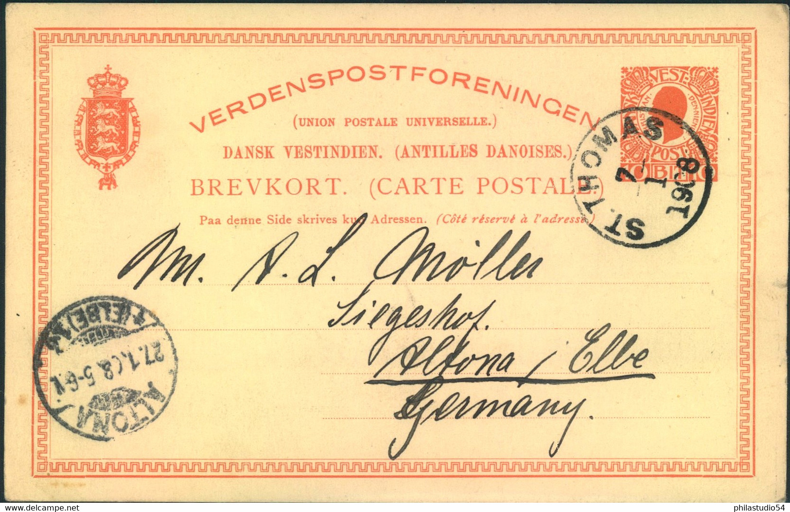 1908, DANISH WESTINDIES, Stationery Card From ST: THOMAS To Altona (ahmburg) - Deens West-Indië