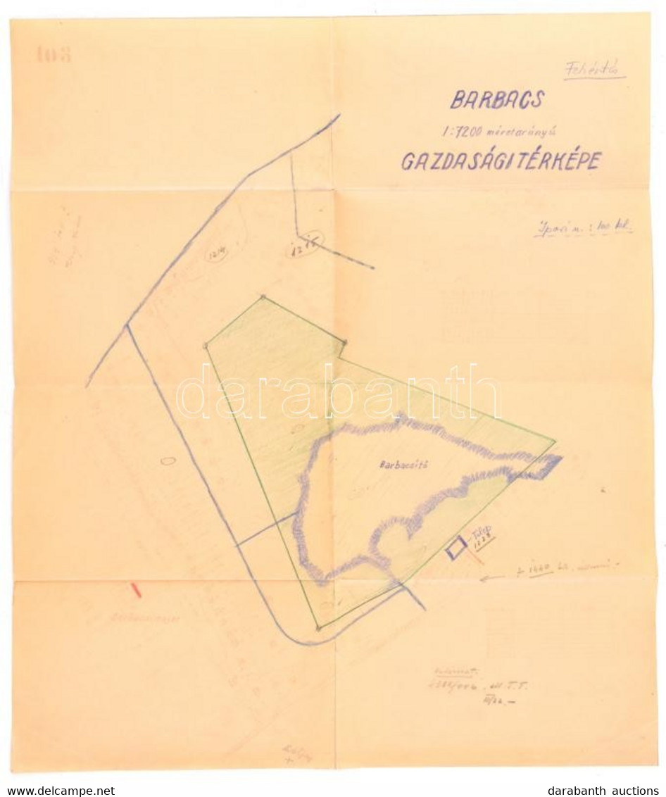 1946 Barbacs Gazdasági Térképe, 1:7200, Rajta A Barbacsi Tóval, Nyomtatott Térkép, Kézzel Színezett, Rajzolt Részekkel,  - Andere & Zonder Classificatie