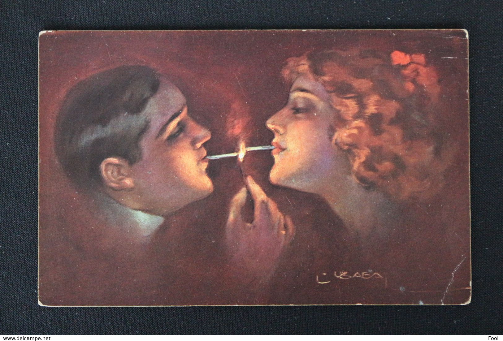 Couple SMOKING Lovers ILLUMINATED Fire Cigarette ILLUSTRATION  Luiz Felipe USABAL Y Hernandez ART DECO - Usabal