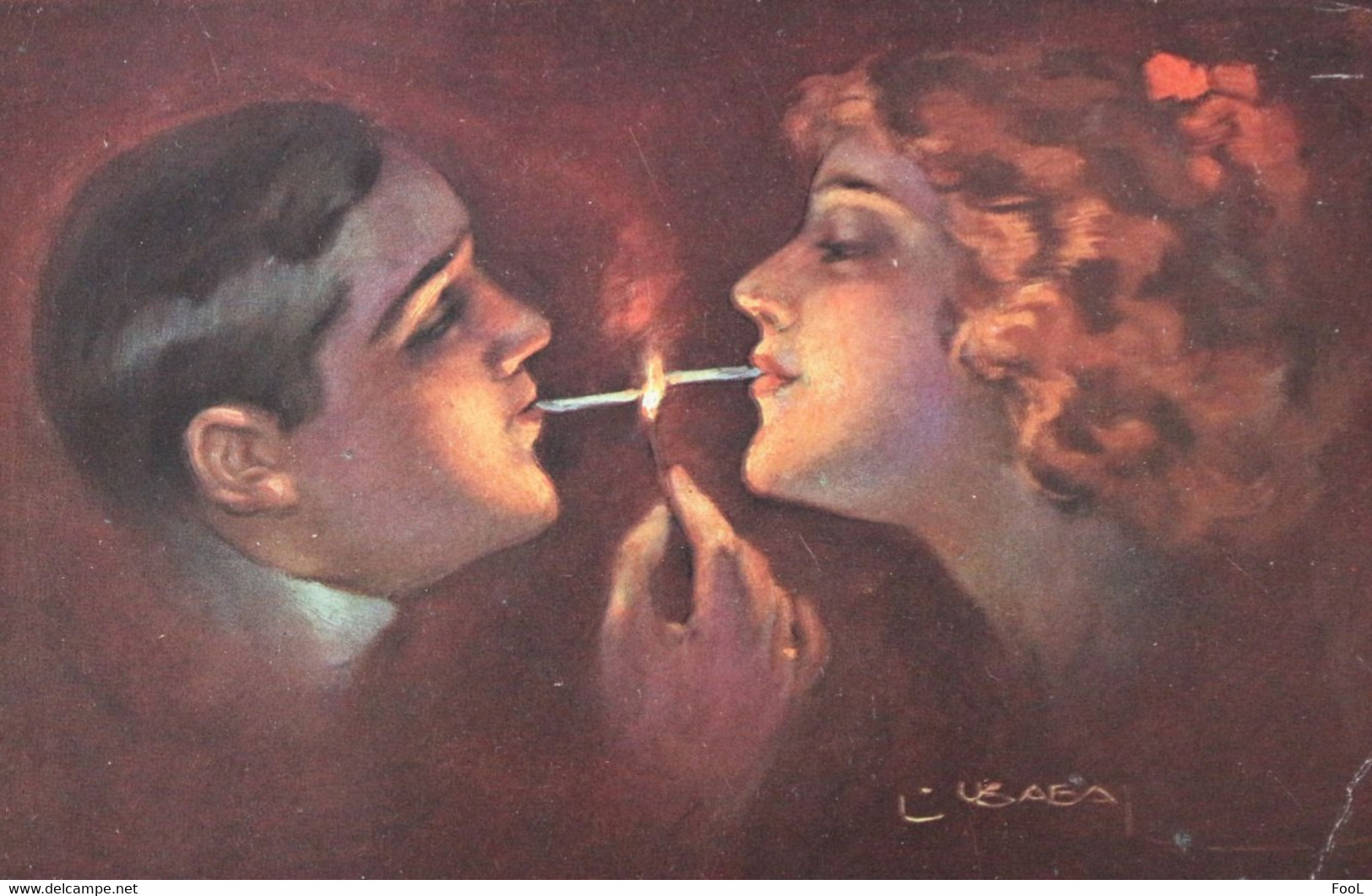 Couple SMOKING Lovers ILLUMINATED Fire Cigarette ILLUSTRATION  Luiz Felipe USABAL Y Hernandez ART DECO - Usabal