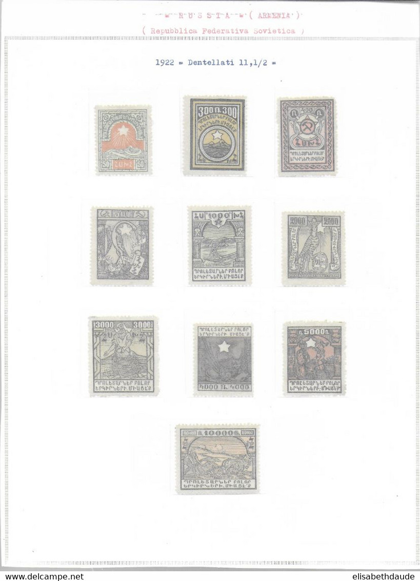 ARMENIE  - 1919/1922 - PETITE COLLECTION Sur 3 FEUILLES D'ALBUM Avec POCHETTES CRISTAL (*) / * MH - COTE YVERT > 200 EUR - Armenien