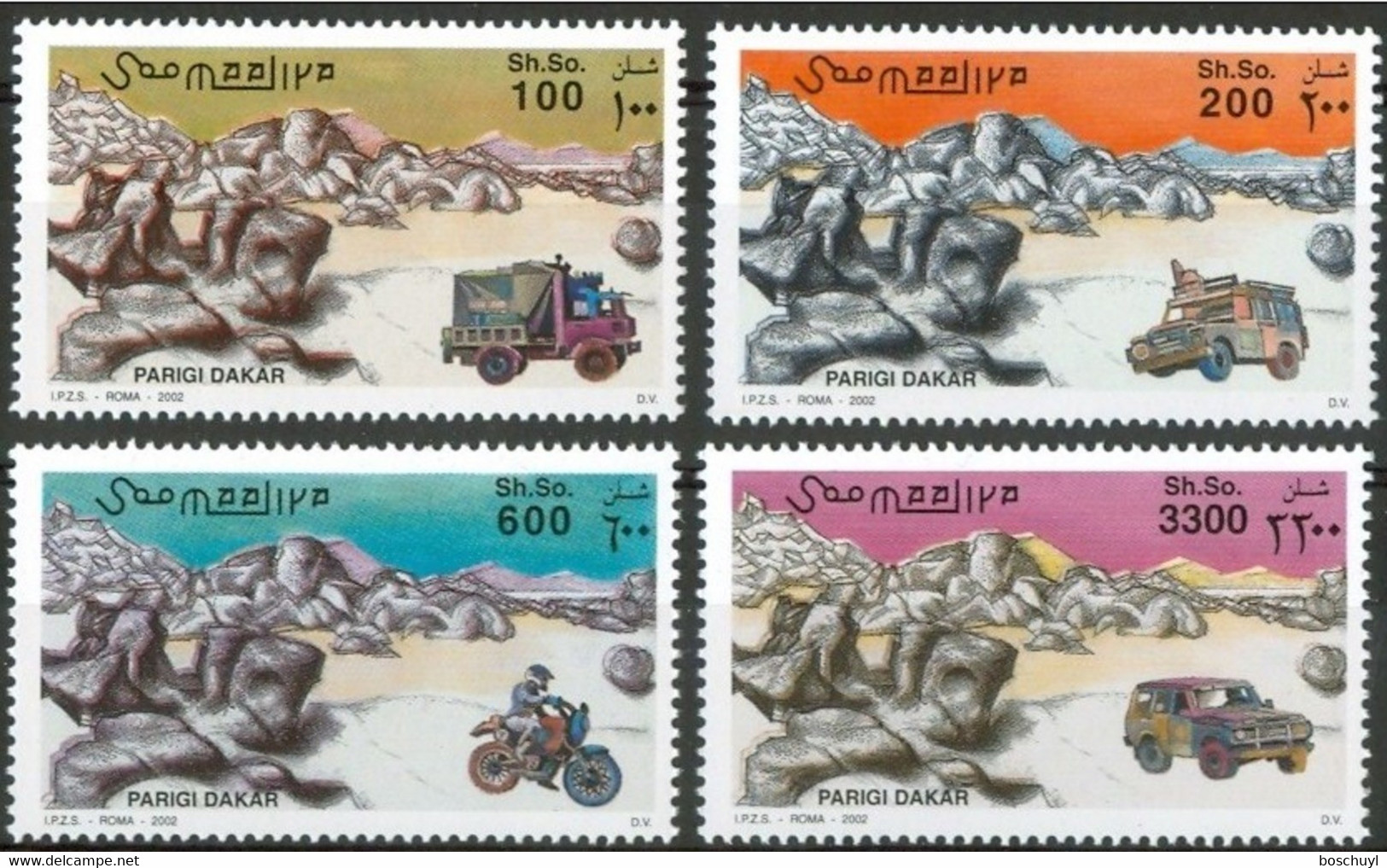 Somalia, 2002, Rallye Paris To Dakar, Cars, Motorcycles, MNH, Michel 967-970 - Somalie (1960-...)
