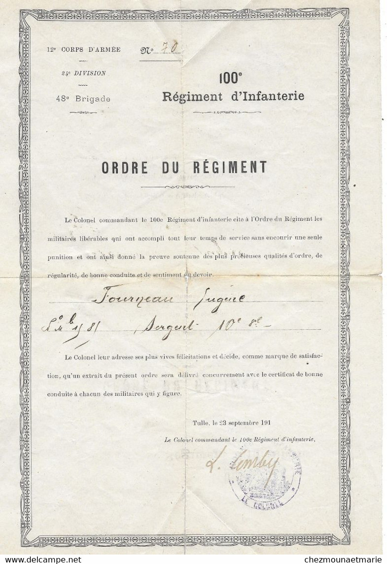 FOURNEAU EUGENE NE 1888 CREUSE 100 E INFANTERIE LIVRET MILITAIRE CERTIF BONNE CONDUITE RECU MAIRIE ORDRE REGIMENT