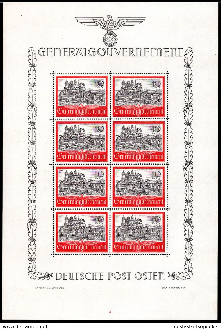 40.GERMANY OCCUP OF POLAND,GENERALGOUVERNEMENT,1941 MICH.65 MNH SHEETLET OF 8,KRAKAU CASTLE,VERY FINE - Autres & Non Classés