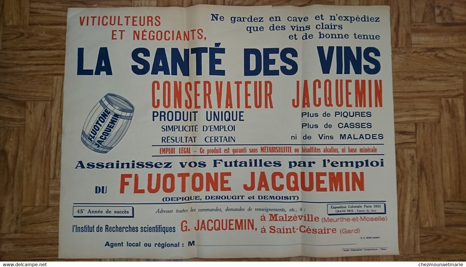 FLUOTONE JACQUEMIN POUR LA SANTE DES VINS MALZEVILLE SAINT CEZAIRE - AFFICHE PUBLICITE 60*80 CM - Afiches