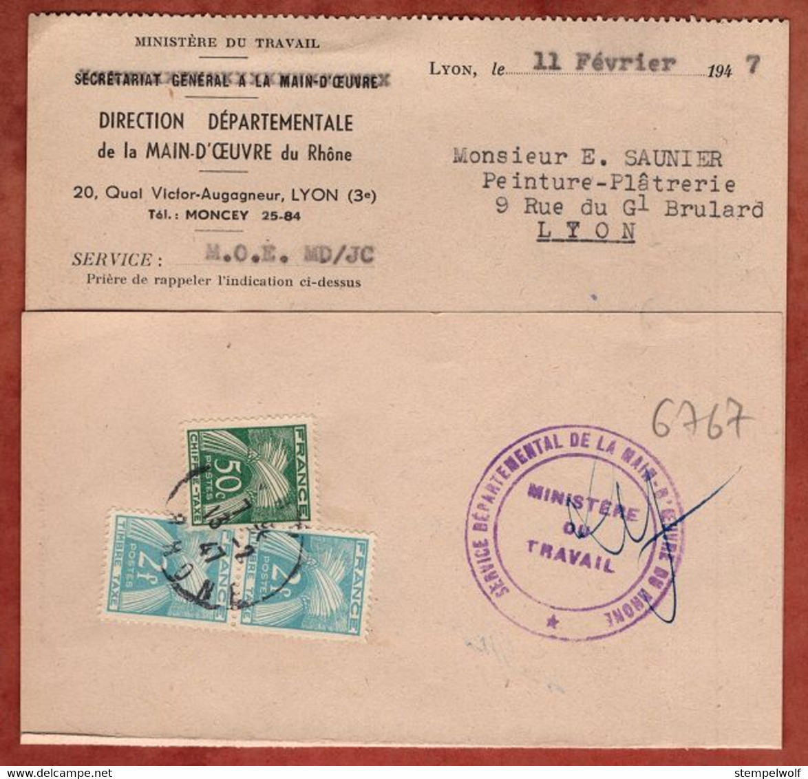 Faltbrief, Timbres Taxe Portomarken, Lyon 1947 (98181) - 1859-1959 Storia Postale