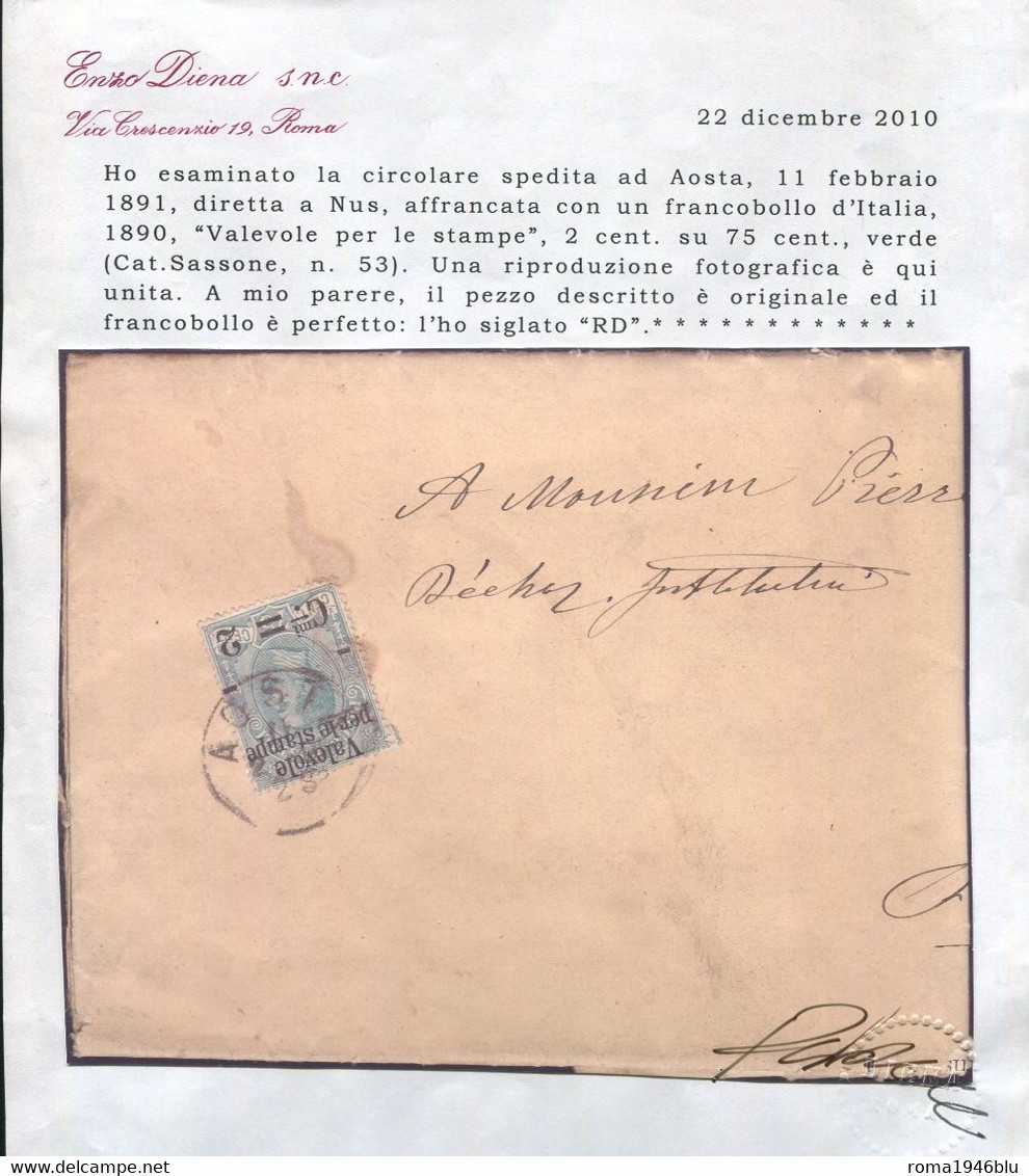 REGNO 1891 CIRCOLARE AFFRANCATA CON VALEVOLE PER LE STAMPE  2 C. SU 75 C. CERT. DIENA - Marcophilie