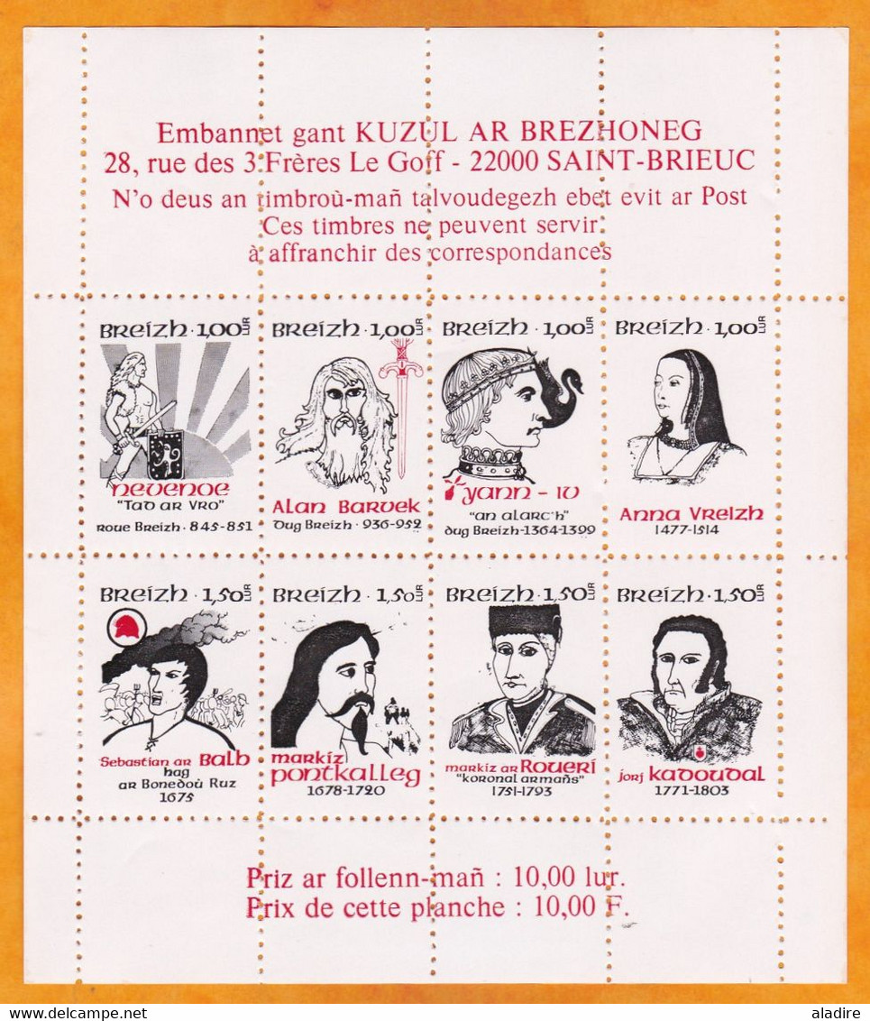 KUZUL AR BREZHONEG Conseil De La Langue Bretonne - Planche De 8 Vignettes Neuves Personnages Célèbres - Erinnophilie