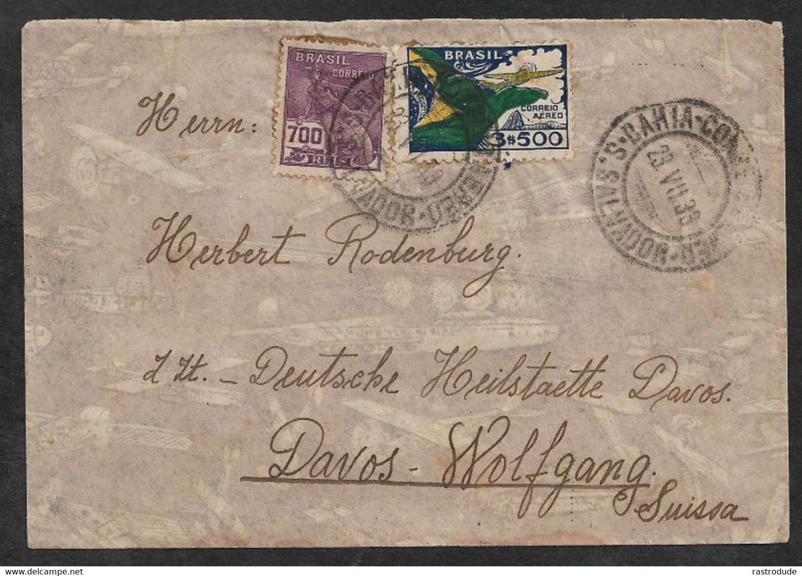 1933 23 July BRAZIL - AIRMAIL VIA AEROPOSTALE - BAHIA To DAVOS - WOLFGANG, GRAUBÜNDEN  SWITZERLAND - Luftpost