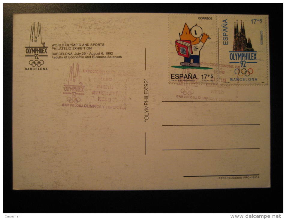 BARCELONA 1992 Olymphilex Day 3 August Cancel Stamp Set Card Gaudi Sagrada Familia Cobi Olympic Games Olympics Spain - Summer 1992: Barcelona