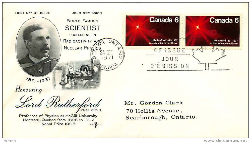 1971  Lord Rutherford, Nuclear Scientist  Sc 534  Unaddressed RoseCraft Cachet - 1961-1970