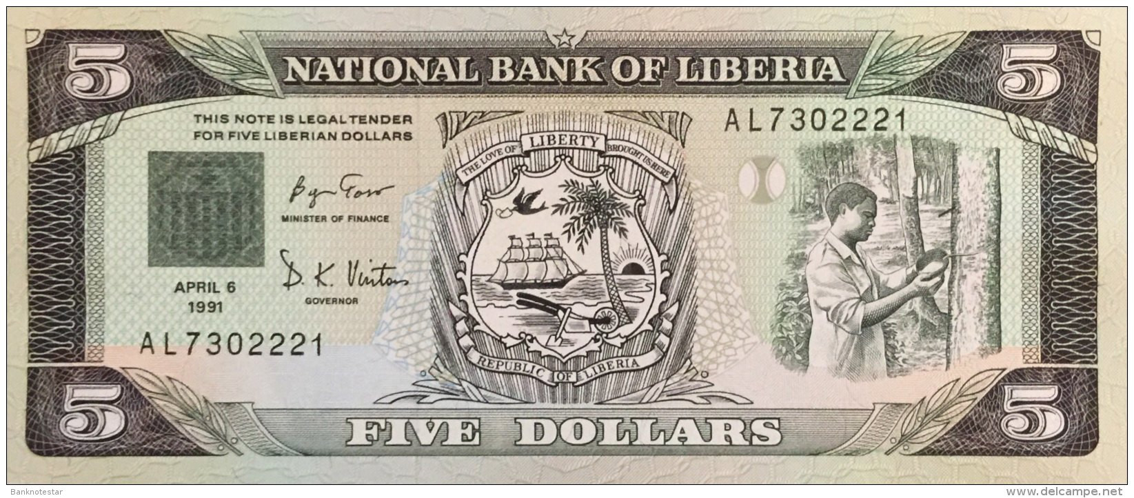 Liberia 5 Dollars, P-20 (6.4.1991) - UNC - Liberia