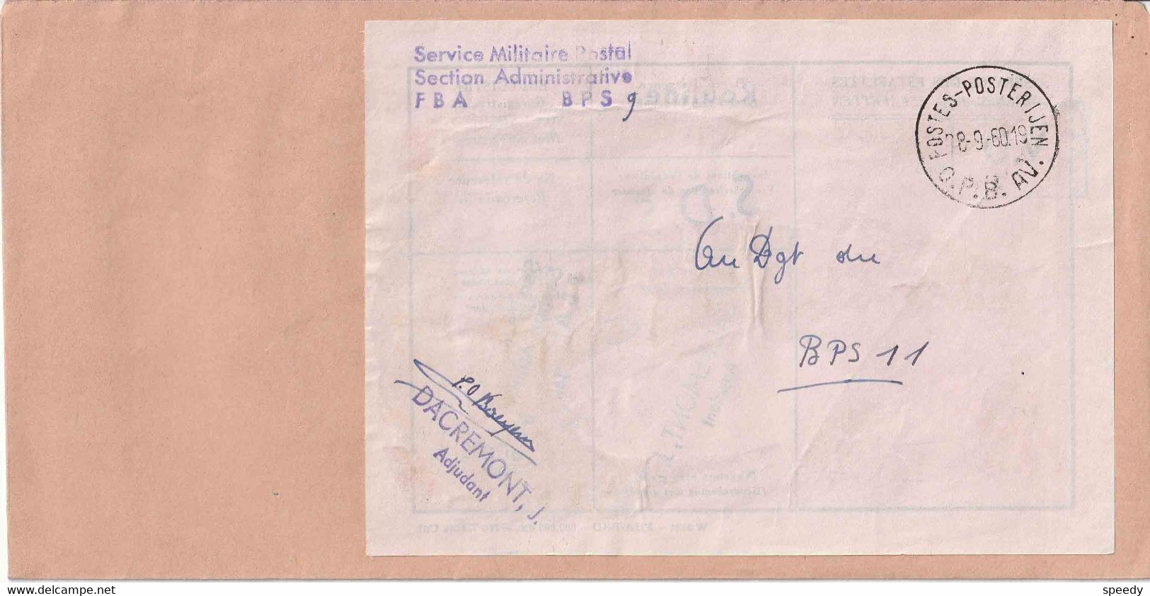 Bf  "SERVIVE MILITAIRE POSTAL / BPS 9"  Naar Dgt BPS 11 " POSTES - POSTERIJEN /28.9.60 /  O. P. B. AV."  (RRR) - Army