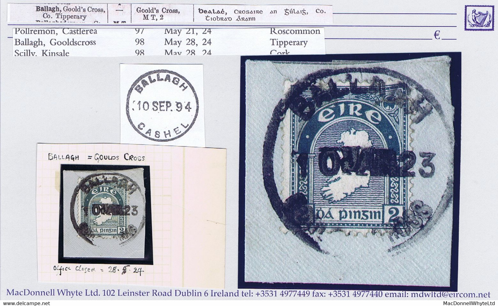Ireland Tipperary 1923 Rubber Climax Dater BALLAGH GOOLDSCROSS 10 JAN 23 On Piece With 2d Map, Office Shut - Sonstige & Ohne Zuordnung
