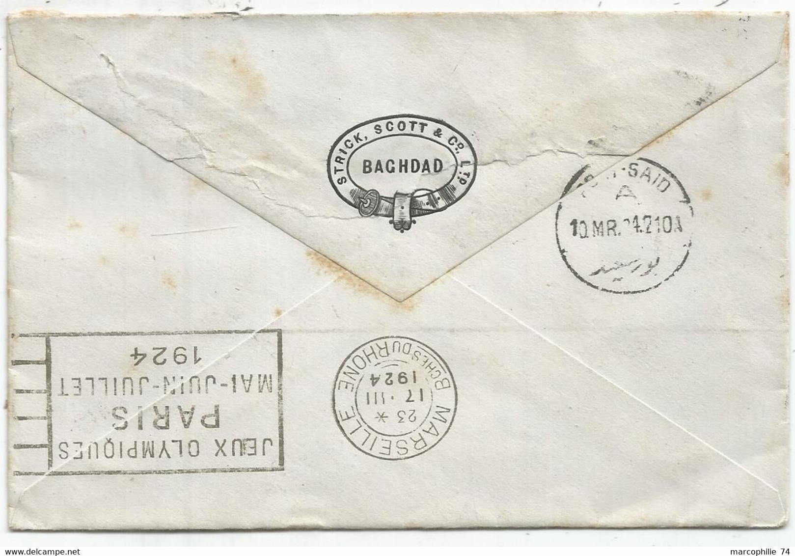 IRAQ 3 ANNAS PAIRE LETTRE COVER AIR MAIL BAGDAD 1924 CAIRO TO FRANCE MARSEILLE JEUX OLYMPIQUES EN ARRIVEE - Iraq