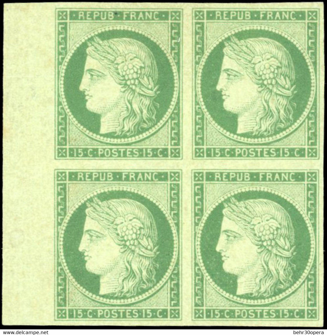 * 2 -  15c. Vert. Bloc De 4 Avec Grand BdeF. Pièce Exceptionnelle. Ex Collection CHAMPION. SUP. RR. - 1849-1850 Ceres