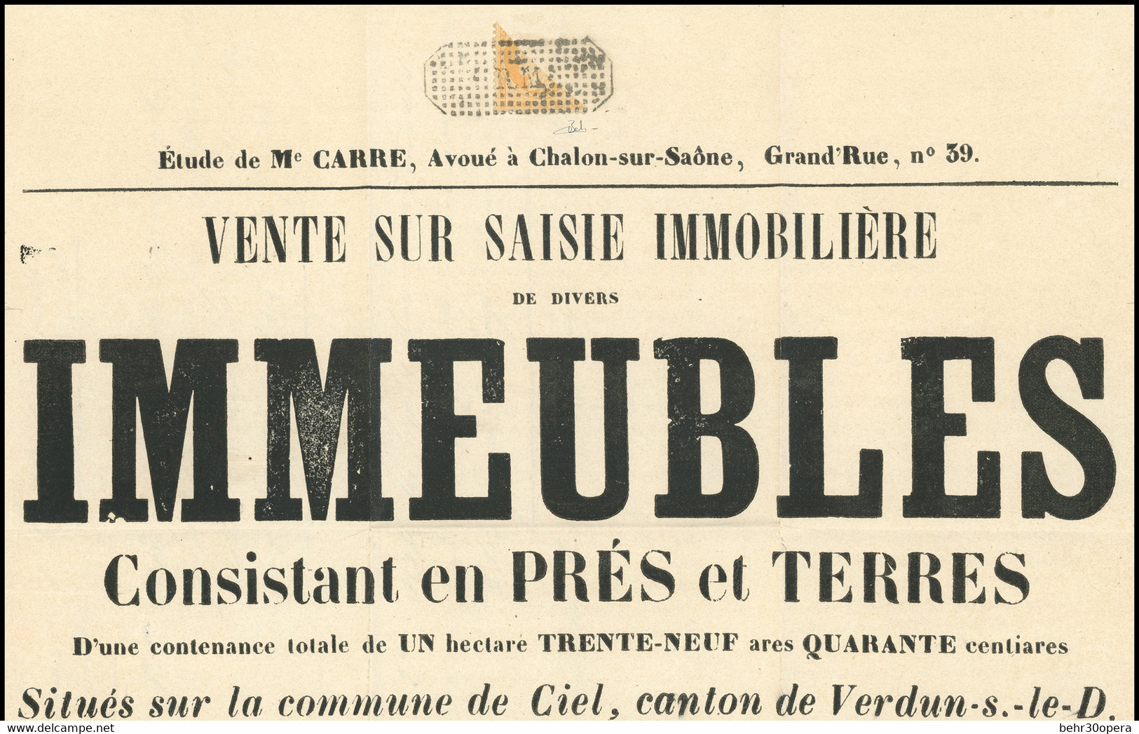 O 38 -  Moitié Du 40c. Orange Obl. Sur Affiche ''VENTE SUR SAISIE IMMOBILIERE DE DIVERS IMMEUBLE’’. Pièce Unique En Util - 1870 Siege Of Paris