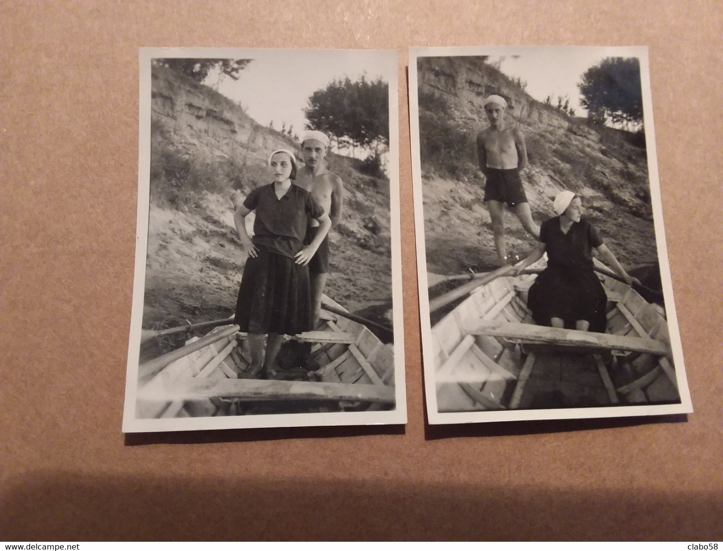 BAGNANTI SUL FIUME PO   IN COSTUME E CON BARCA A REMI  2 FOTOGRAFIE   FORMATO  4,5 X 7 CM  ANNI '50 - Persone Anonimi