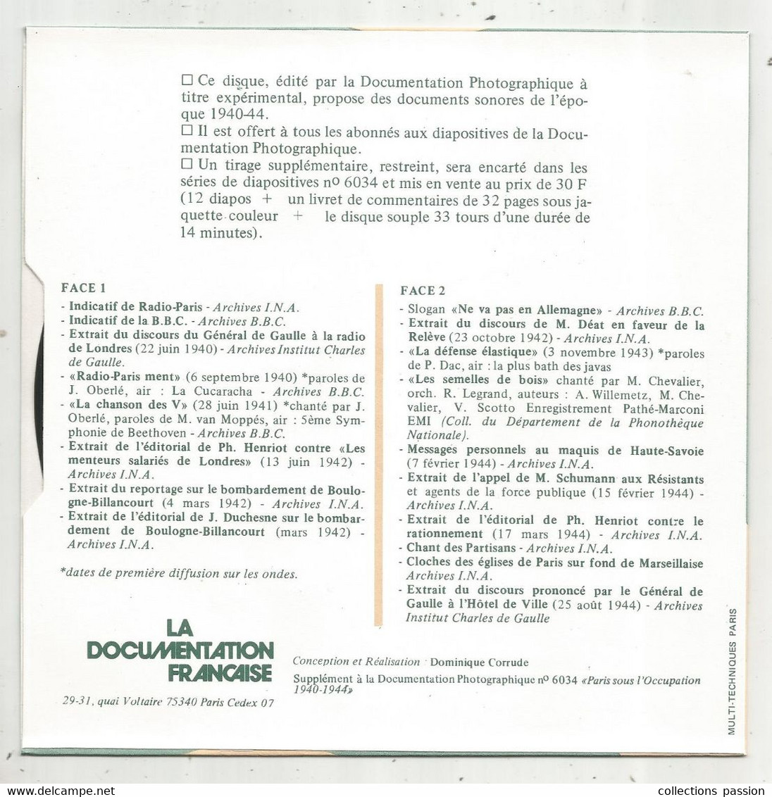 Diapositives (12) + Livret(31 Pp) + Disque , 1940/1944, Paris Sous L'occupation ,n° 6034, 1978 , Frais Fr4.95 E - Diapositives