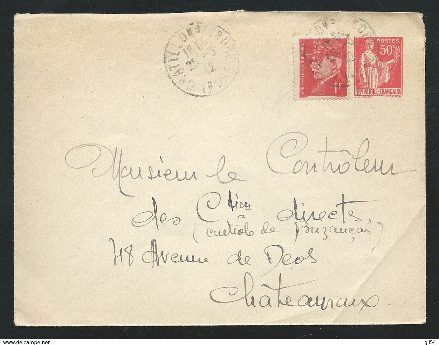 Entier   Enveloppe  Yvert N° 283-E1 OBLI CAD CHATILLON SUR INDRE 25/05/1942 Pour Chateauroux   Lm20815 - Enveloppes Repiquages (avant 1995)