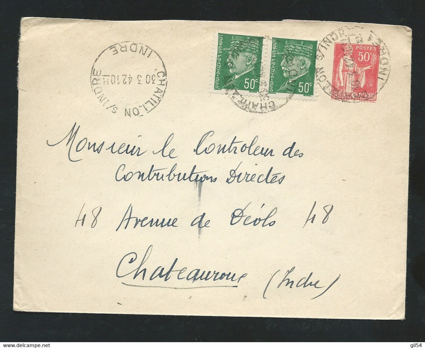 Entier Enveloppe  Yvert N° 283-E1  + YVT 508 X  2 OBLI CAD CHATILLON / INDRE 30/03/1942 Pour Chateauroux   Lm20816 - Umschläge Mit Aufdruck (vor 1995)