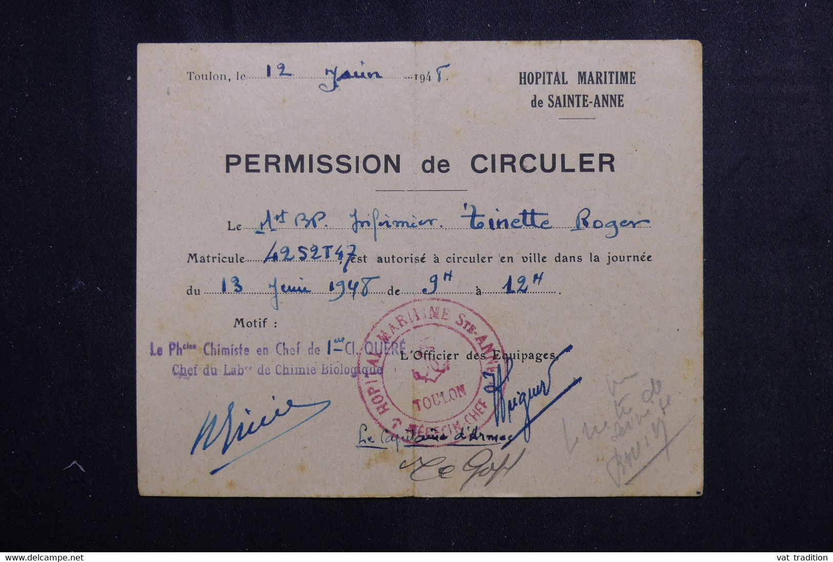VIEUX PAPIERS - Permission De Circuler D'un Matelot En 1948 De Toulon - L 73397 - Documents