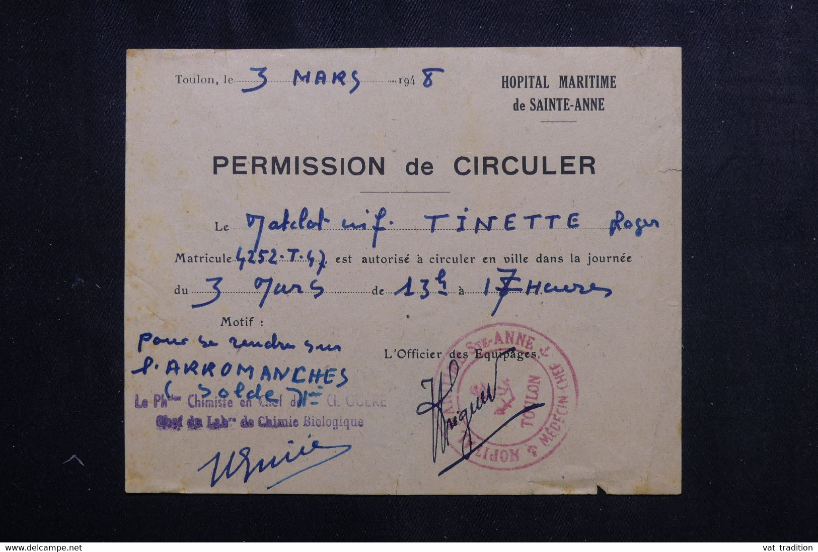 VIEUX PAPIERS - Permission De Circuler D'un Matelot En 1948 De Toulon - L 73398 - Documentos