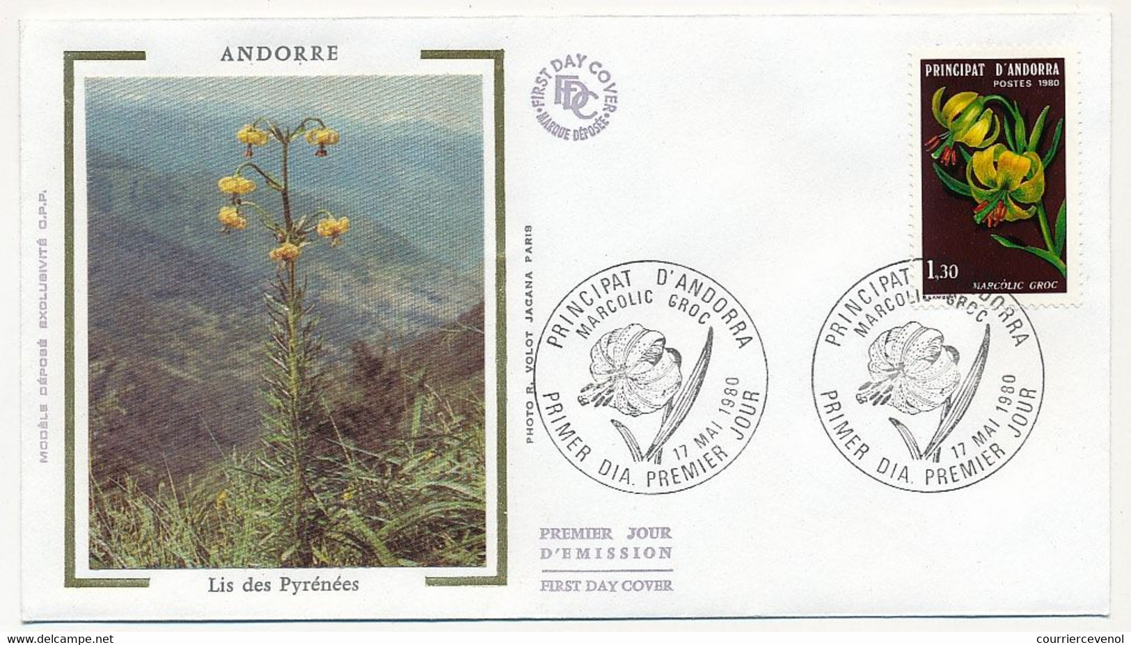 ANDORRE - Enveloppe FDC Soie => 1,30F Narcolic Groc (lis Des Pyrénées) - 17 Mai 1980 - Principat D'Andorra - FDC