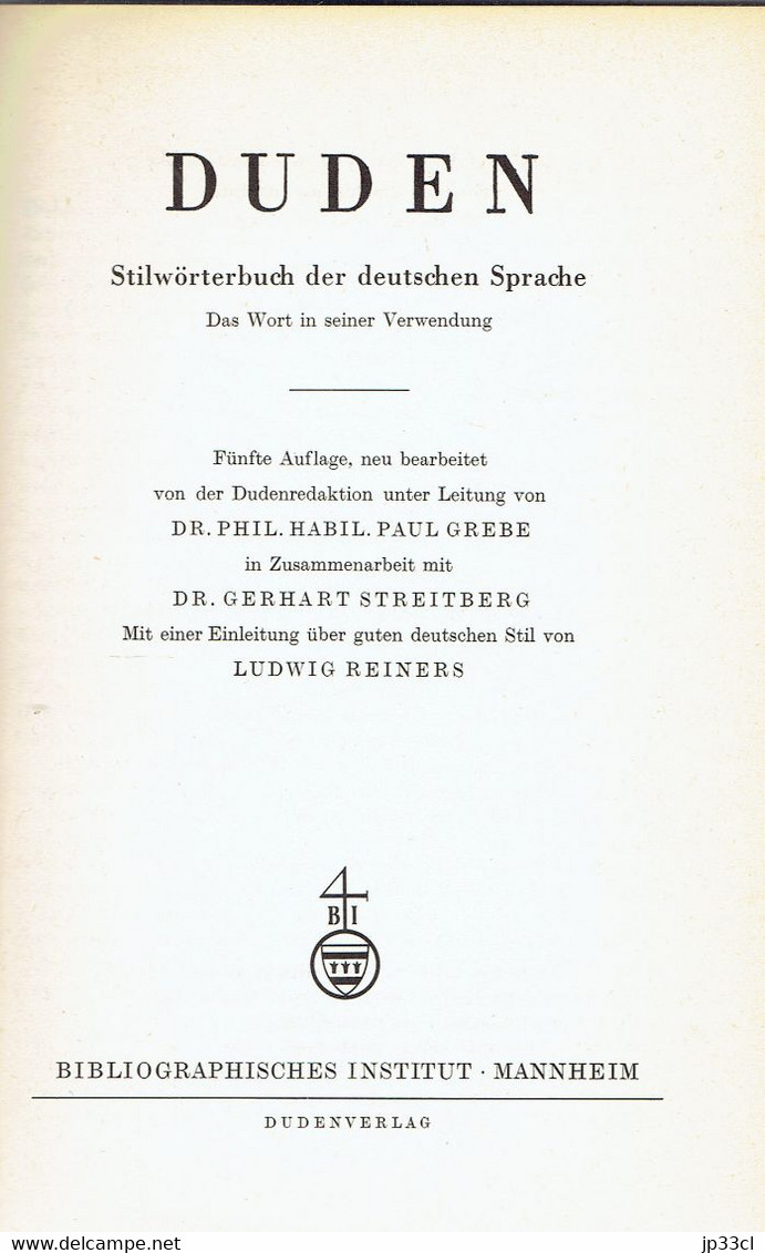 DER GROSSE DUDEN STILWÖRTERBUCH (Fünfte Auflage, 1963, 802 P.) - Dizionari