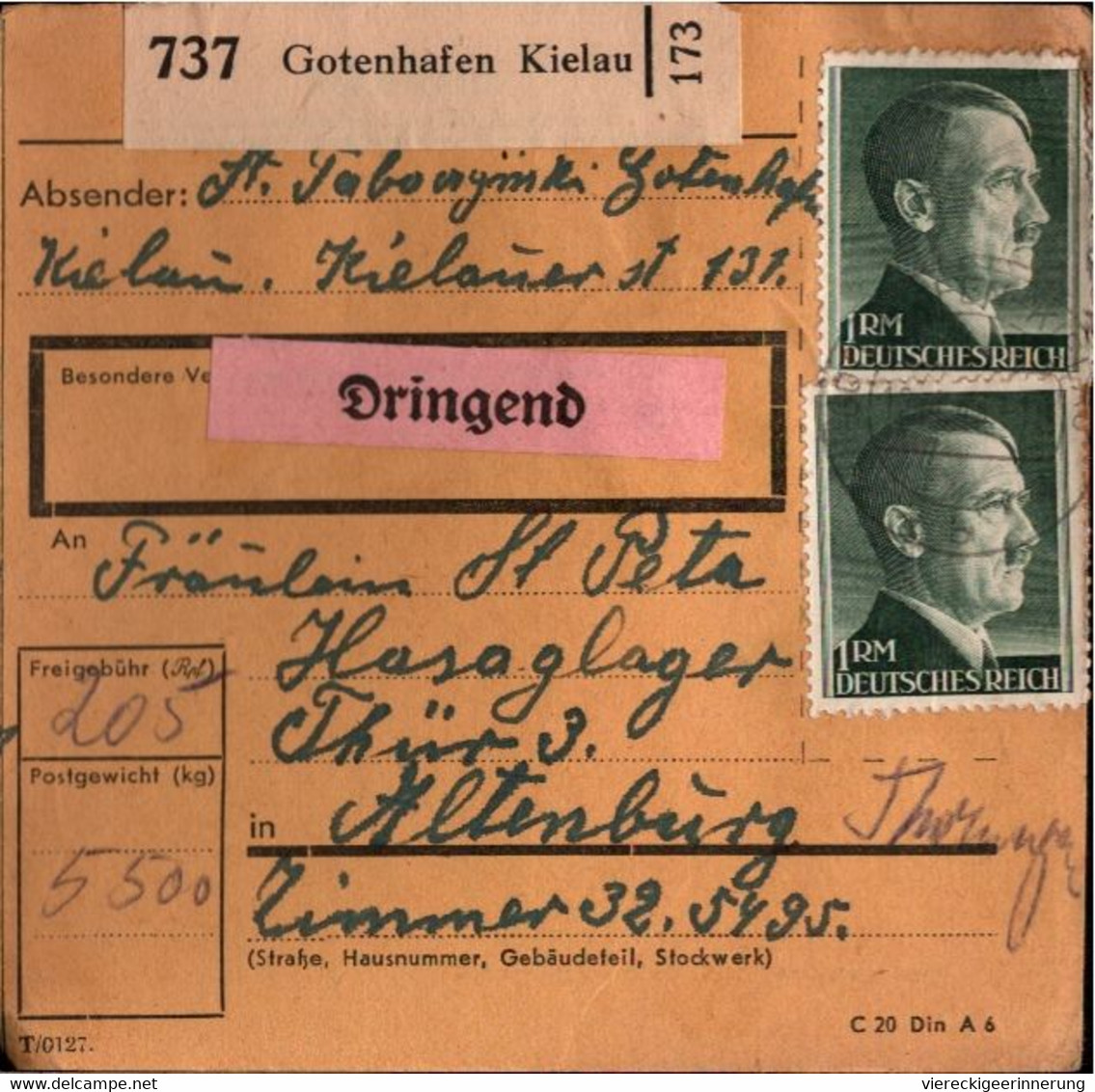 ! 1943 Gotenhafen Kielau Nach Altenburg, HASAG Lager, Paketkarte, Deutsches Reich, 3. Reich - Cartas & Documentos