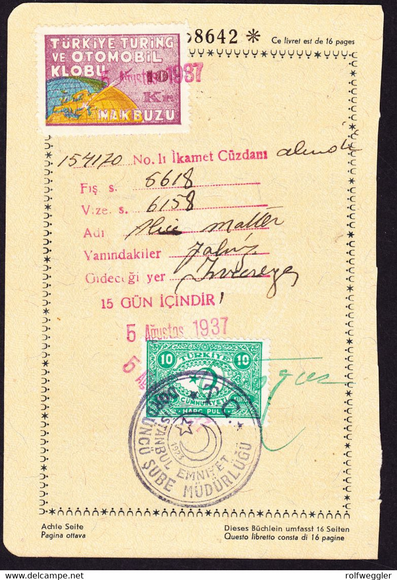 1937 Reispass Seite Mit Türkischen Gebührenmarken, 2seitig. Zusätzlich Türkische Automobil Club Gebührenmarke. - 1934-39 Sandjak D'Alexandrette & Hatay