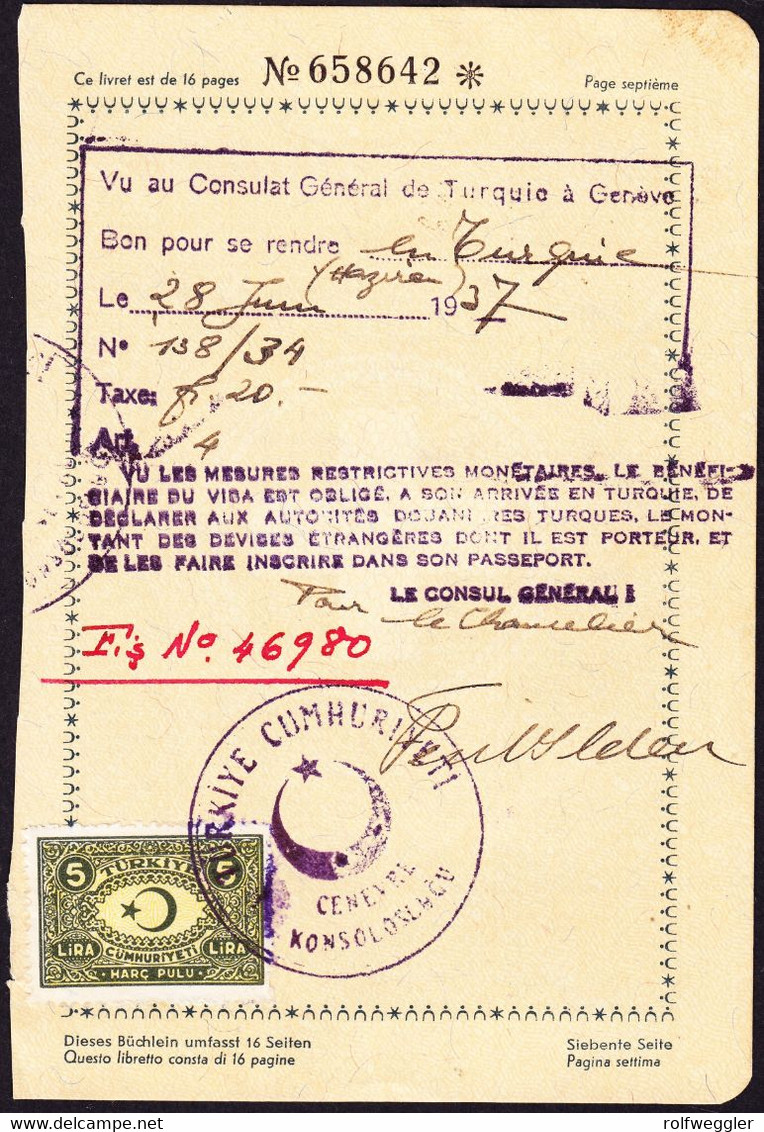1937 Reispass Seite Mit Türkischen Gebührenmarken, 2seitig. Zusätzlich Türkische Automobil Club Gebührenmarke. - 1934-39 Sandschak Alexandrette & Hatay